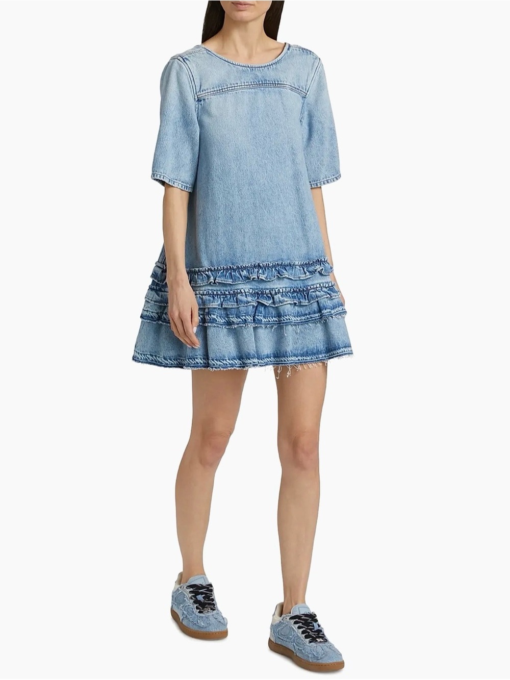 GANNI Frilled Denim Mini Dress Size 38 US 6 Light Blue NWT